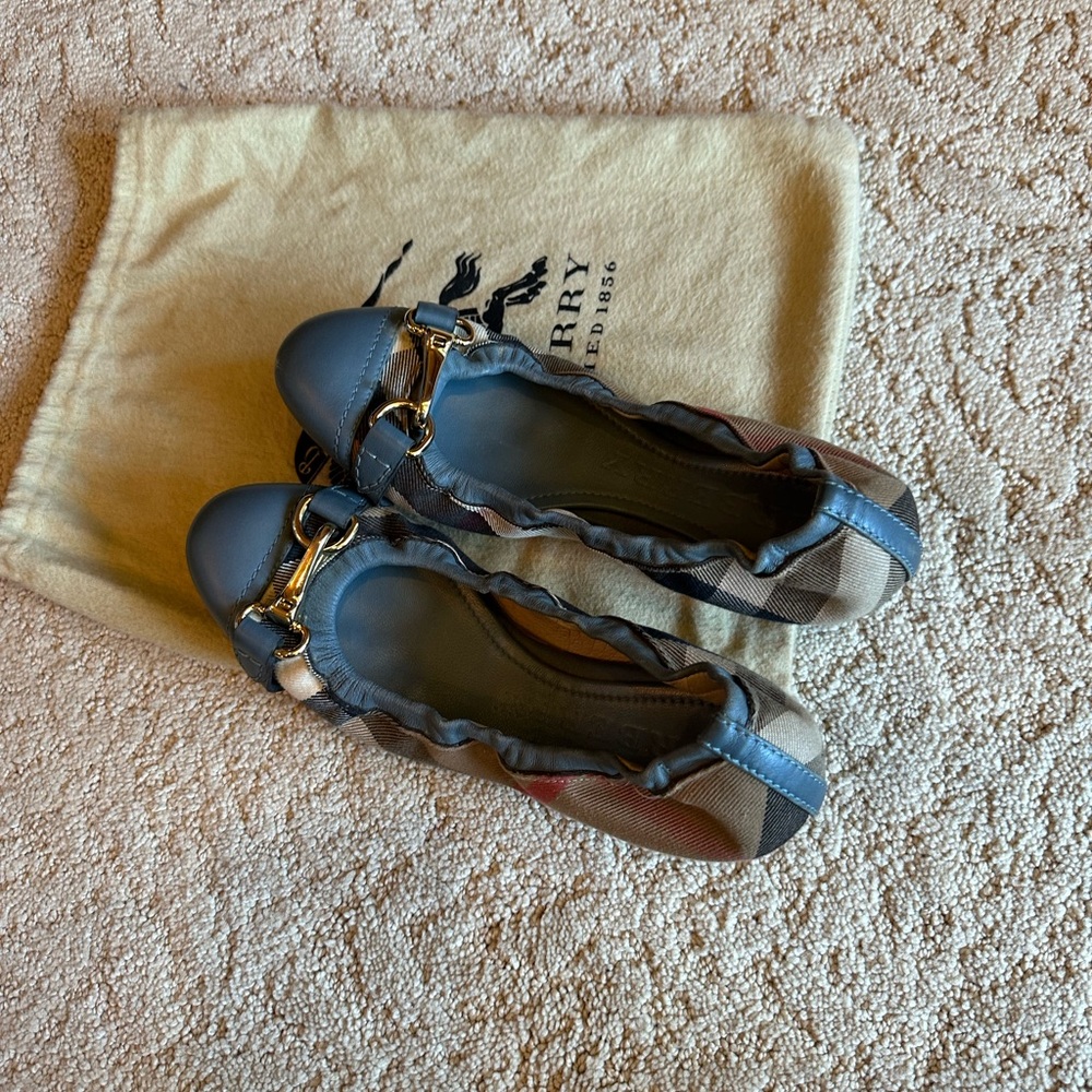 Burberry Blue and Tan Flats with Metallic Details